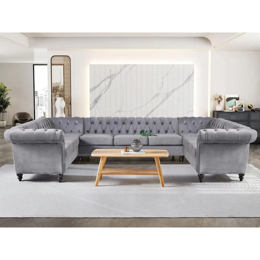 U Shaped Velvet Chesterfield Sofa 9 Seater with Rolled Armrest