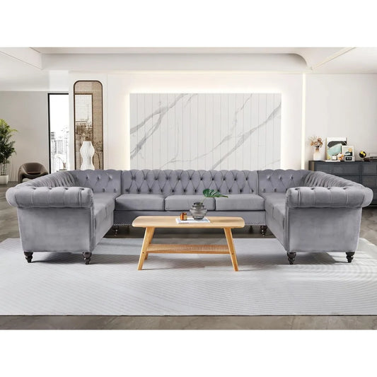 U Shaped Velvet Chesterfield Sofa 9 Seater with Rolled Armrest