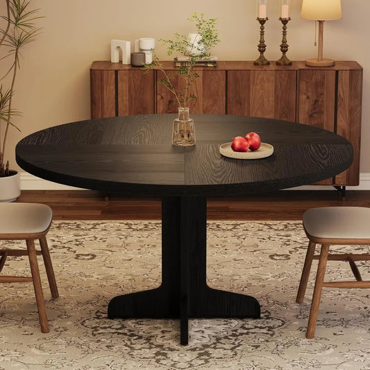 Round Dining Table for 4 with Wooden Base 47 Inch Black Circle