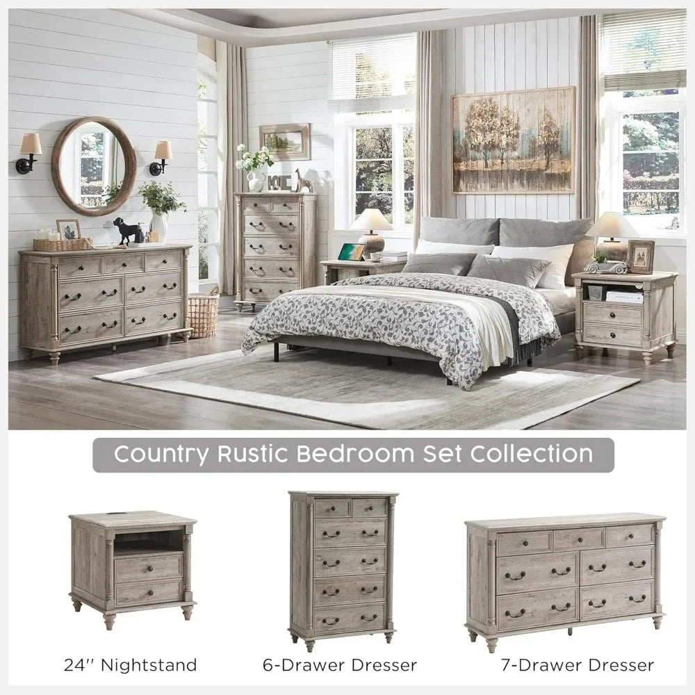 24 Inch Farmhouse End Table with Charging Station and Drawers