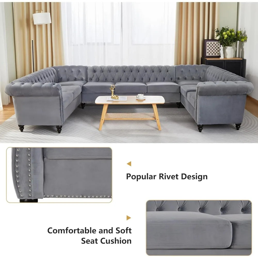 U Shaped Velvet Chesterfield Sofa 9 Seater with Rolled Armrest
