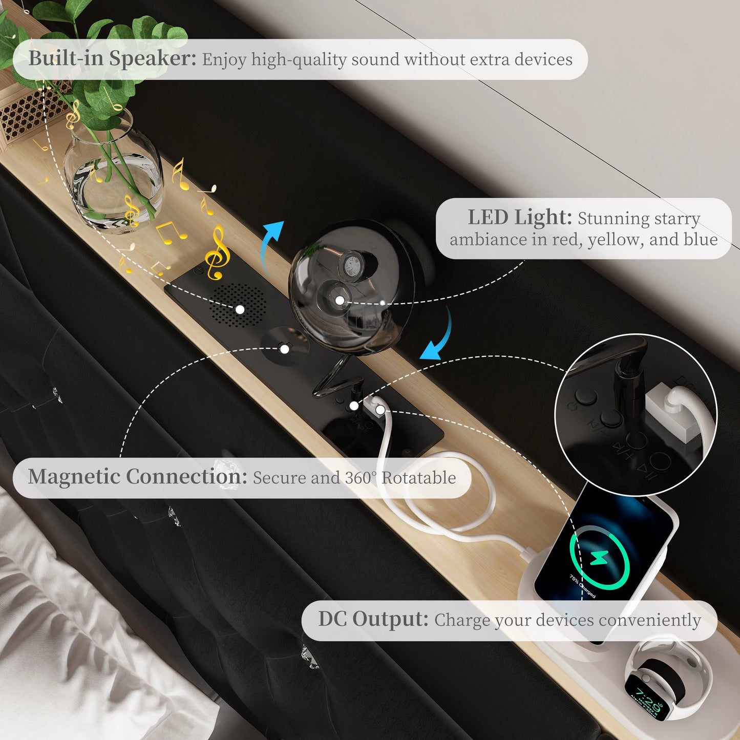 LED Bed Frame with Galaxy Projector and Charging Station