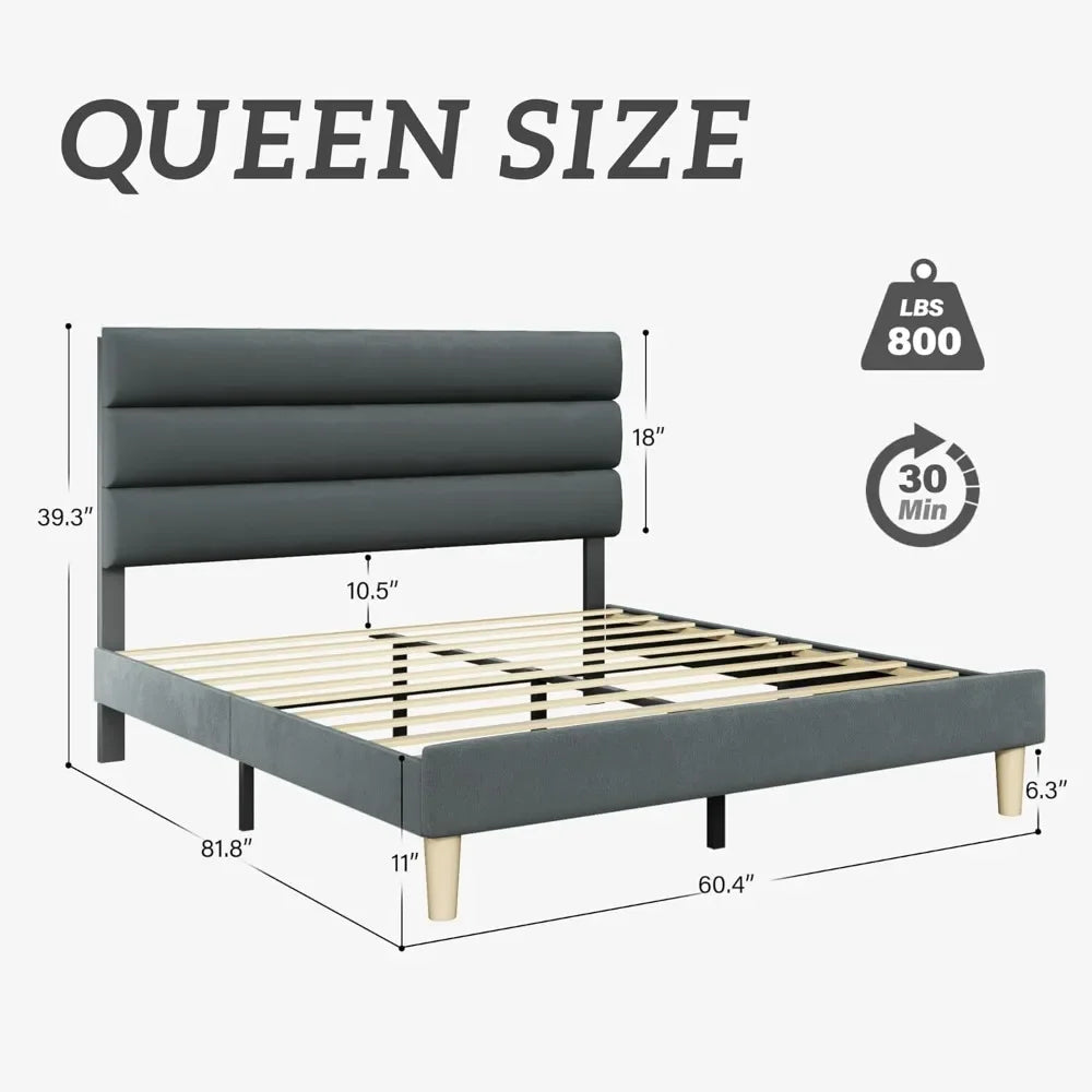 Modern Velvet Upholstered Bed Frame with Sturdy Metal Support