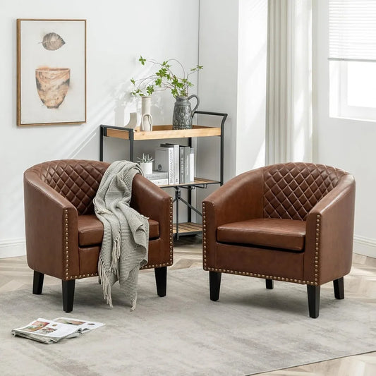 29 Inch Faux Leather Barrel Chairs Set of 2 Modern Accent Chairs