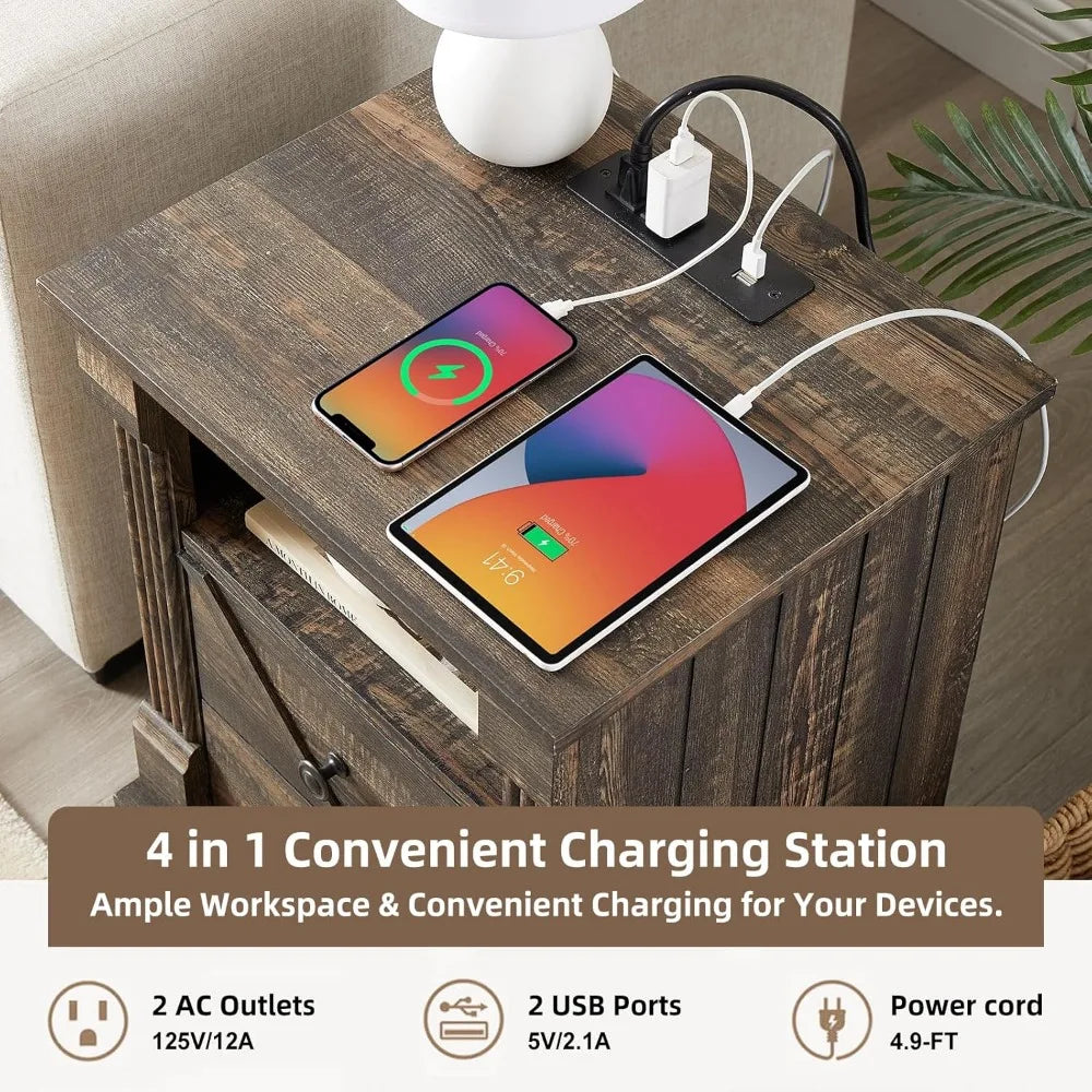 Rustic Nightstand with Charging Station and Barn Door Design