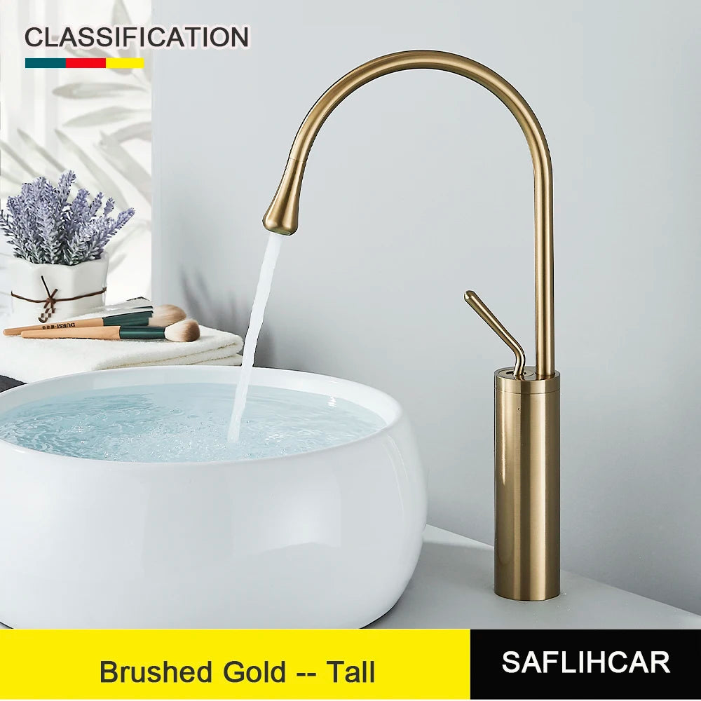 Brushed Gold Basin Faucet Deck Mounted Mixer for Bathroom Sink