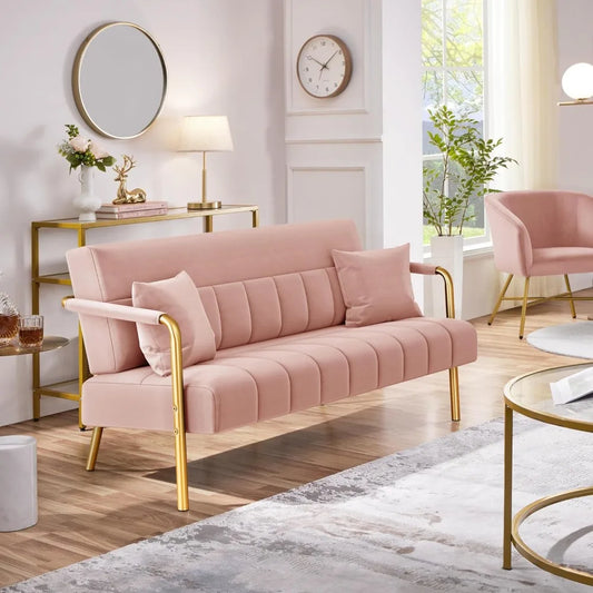 Luxurious Velvet Sofa with Gold-Tone Arms for Living Room