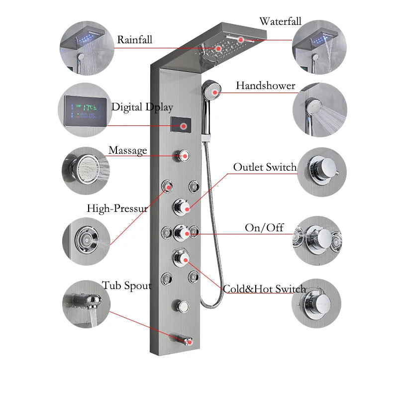 LED Rainfall Shower Faucet Set with Temperature Display and Massage