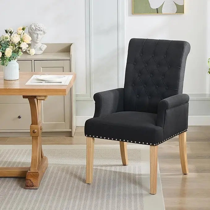 Upholstered Tufted Dining Chair with Arms and Solid Wood Legs
