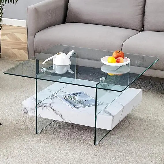 Modern White Rectangle Glass Coffee Table with Storage 43 Inches