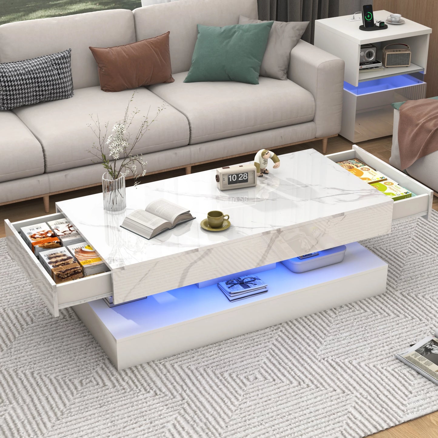 Modern Coffee Table with LED Lights and Double-Layer Design