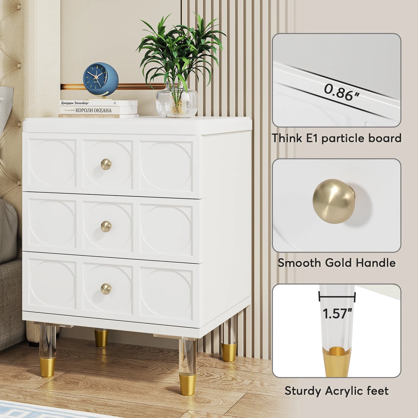 Tribesigns Modern White Gold 3-Drawer Nightstand with Storage