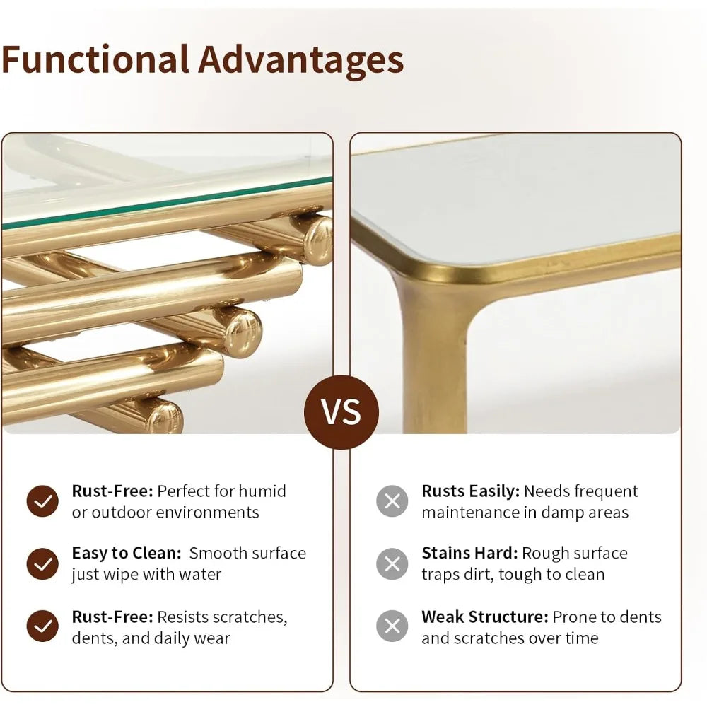 Modern 55 Inch Glass Coffee Table with Gold Stainless Steel Legs