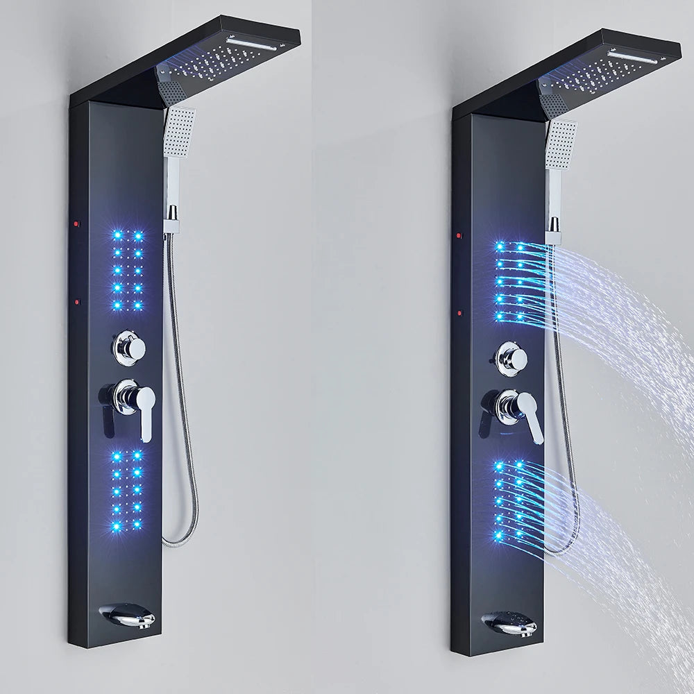 LED Shower Panel Matte Black Rainfall System with Massage Jets
