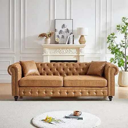 Modern Chesterfield Sofa Couch 85.5 Inch Brown 3-Seater Design