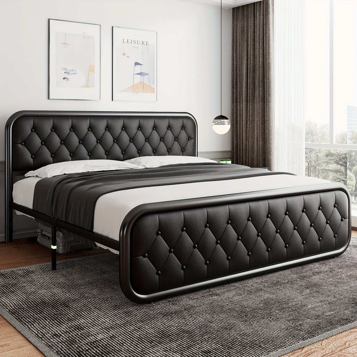 Classic Metal King Full Size Bed Frame with Faux Leather Headboard