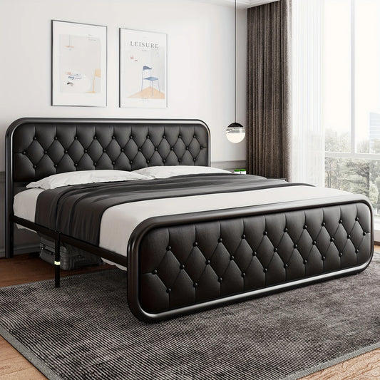 Classic Metal King Full Size Bed Frame with Faux Leather Headboard
