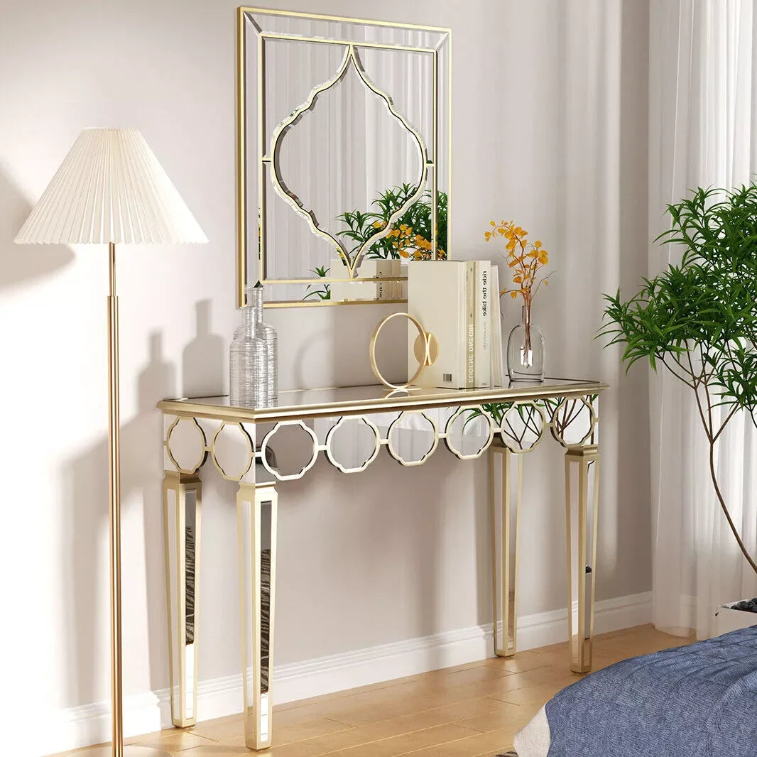 LUVODI Modern Glass Console Table with Gold Rim for Living Room