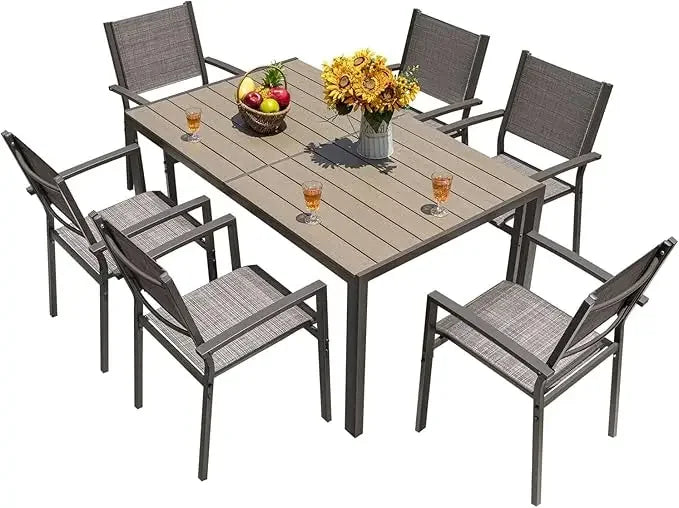 Modern 7 Piece Patio Dining Set with Rattan Table and Chairs