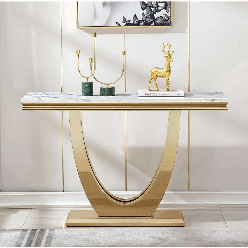 White Marble Console Table with Stainless Steel Base for Living Room
