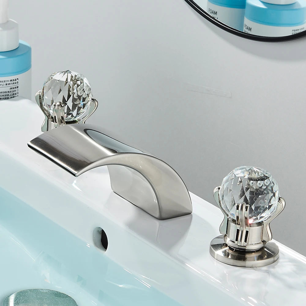LED Widespread Bathroom Faucet Waterfall Gold Polished Design