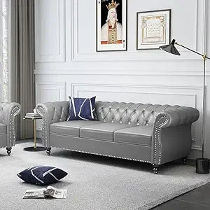 Chesterfield Leather Sofa 3 Seater Mid Century Tufted Couch