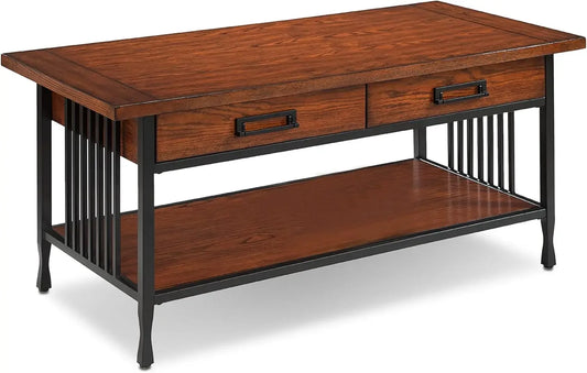 Rustic Two Drawer Coffee Table with Shelf in Mission Oak Finish