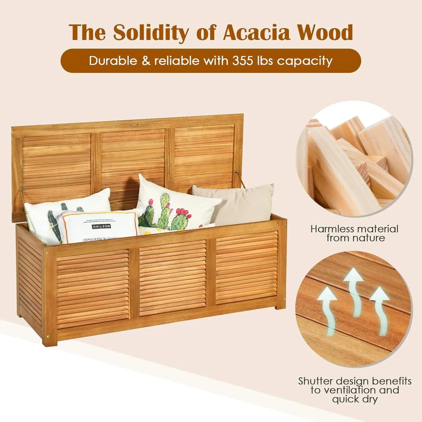 Acacia Wood Deck Box 46 Gallon Outdoor Storage Bench Teak Finish