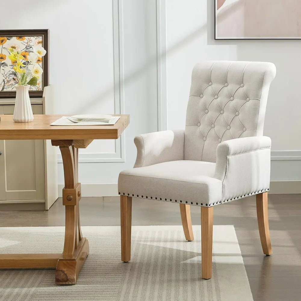Upholstered Tufted Dining Chair with Arms and Solid Wood Legs