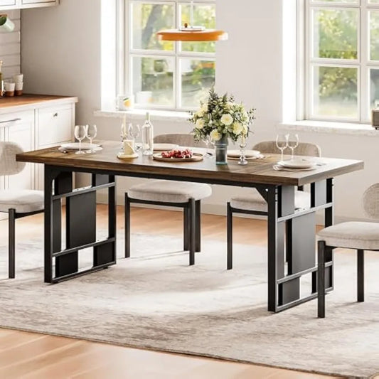 Rustic 71 Inch Large Dining Table for 6 with Metal Frame
