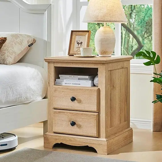Vintage Nightstand with Charging Station and Storage Shelf