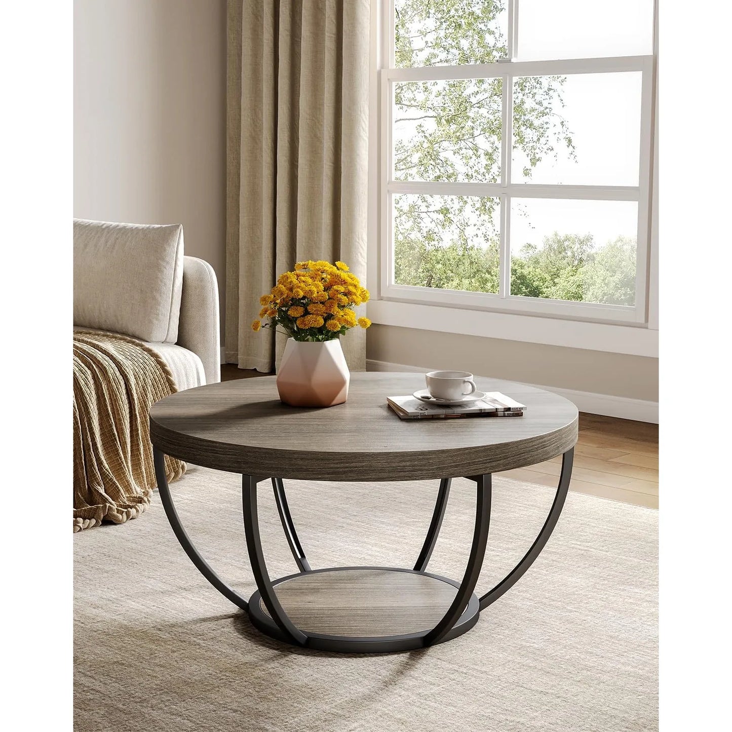32 Inch Circle Marble Coffee Table with Golden Metal Legs