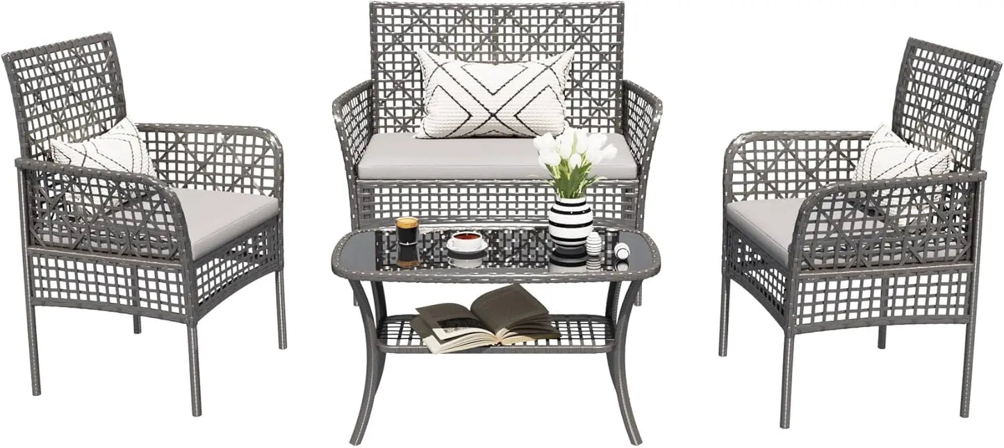 4 Piece Outdoor Patio Furniture Set with Cushions and Table