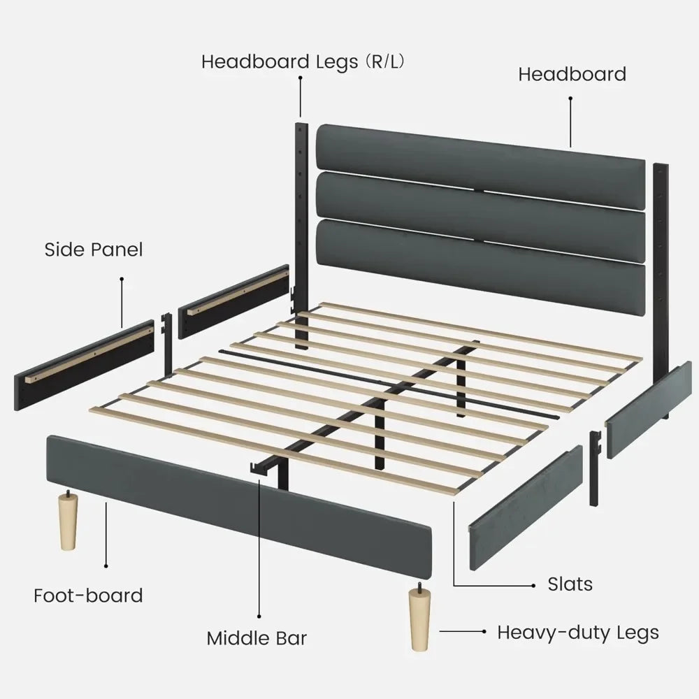 Modern Velvet Upholstered Bed Frame with Sturdy Metal Support
