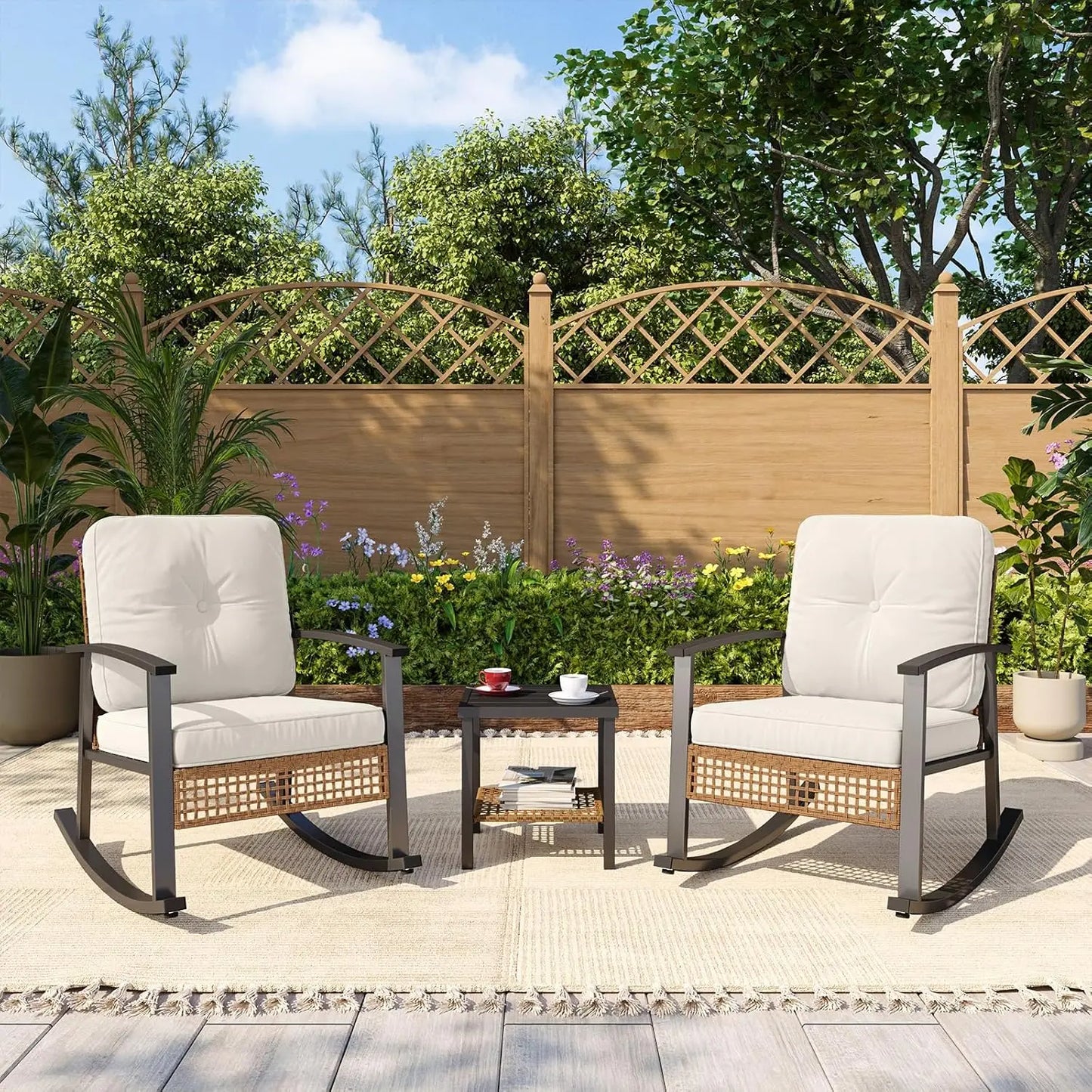 Beige 3-Piece Outdoor Rocking Bistro Set with Thick Cushions