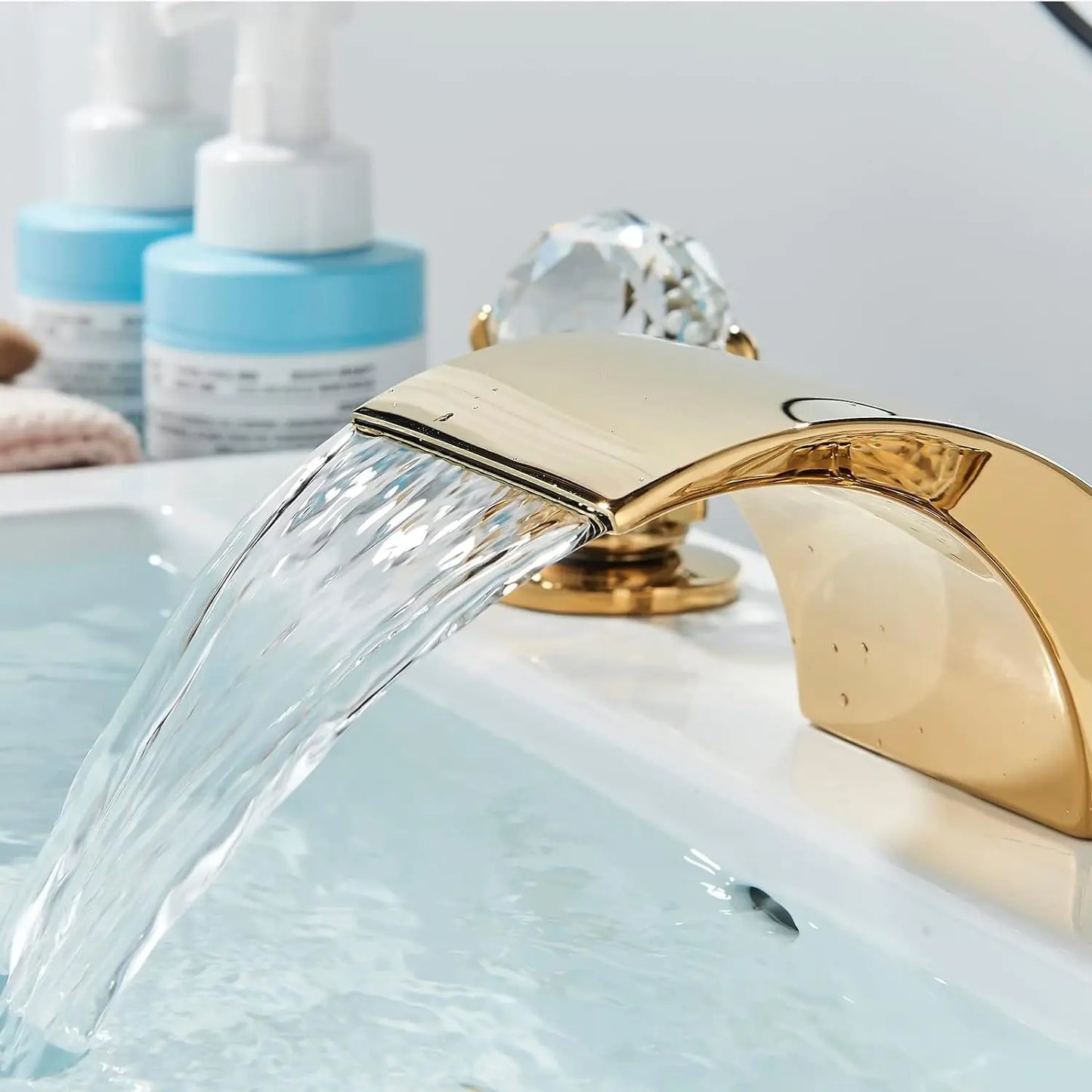 LED Widespread Bathroom Faucet Waterfall Gold Polished Design