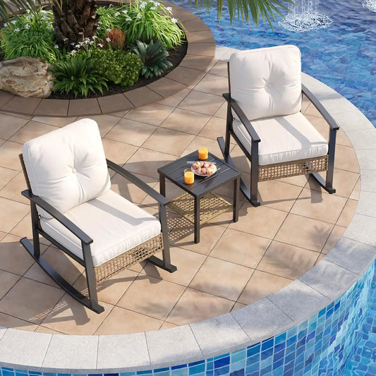 Beige 3-Piece Outdoor Rocking Bistro Set with Thick Cushions