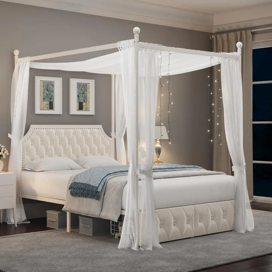 Keyluv Queen Upholstered Canopy Bed Frame with Storage Drawers