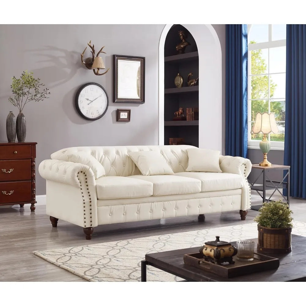 Tufted Leather Chesterfield Sofa with Storage and 3 Seats