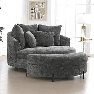 Oversized Round Barrel Chair with Ottoman for Living Room