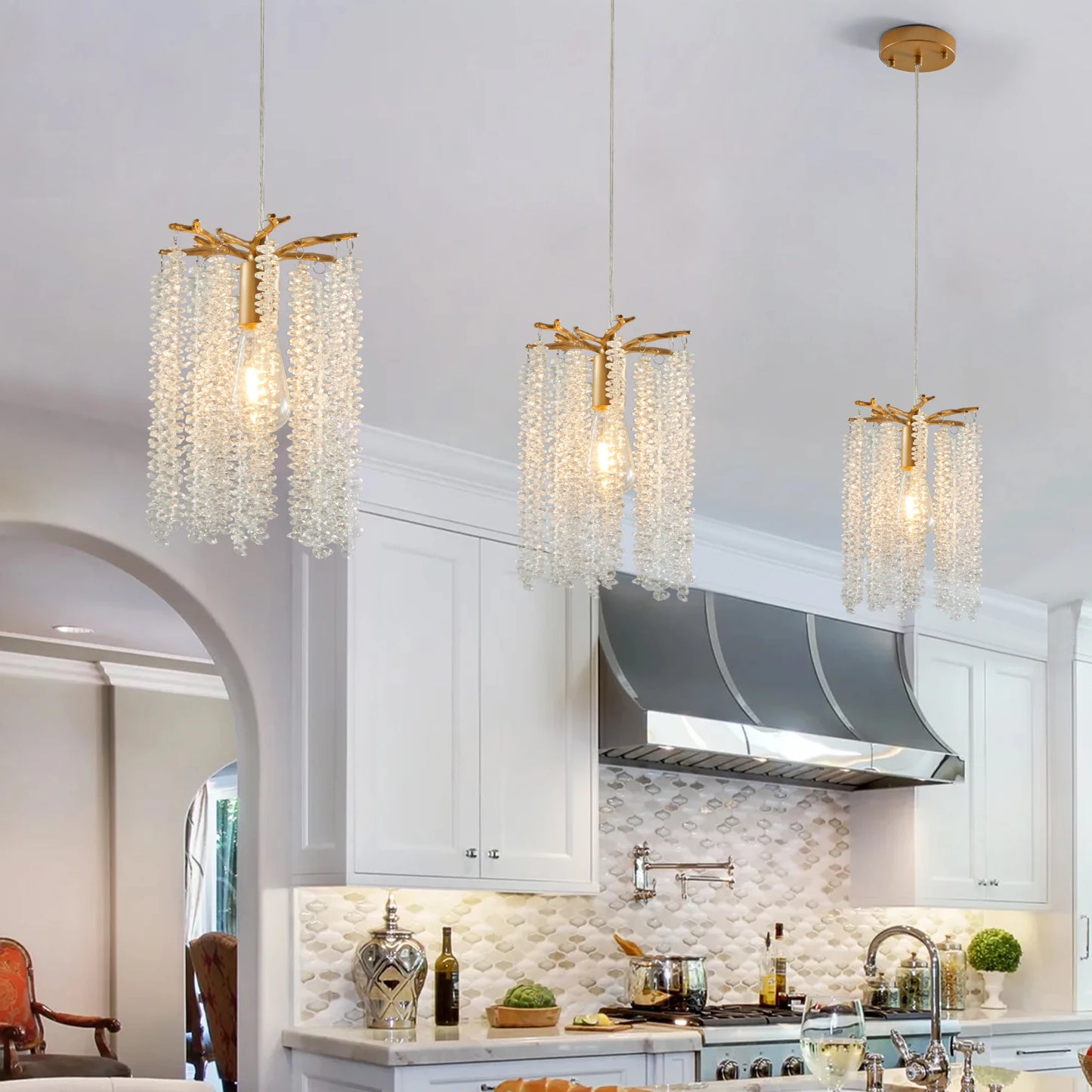 Luxury 3-Pack Crystal Pendant Lights with Elegant Golden Finish