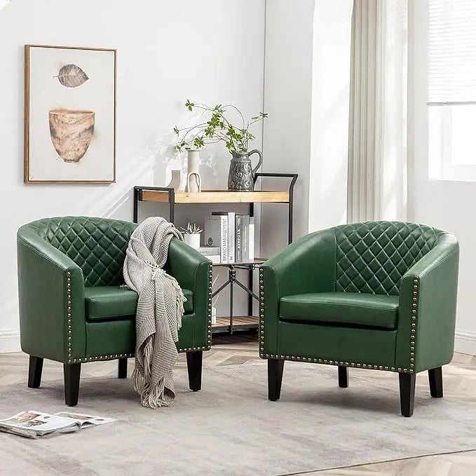 29 Inch Faux Leather Barrel Chairs Set of 2 Modern Accent Chairs