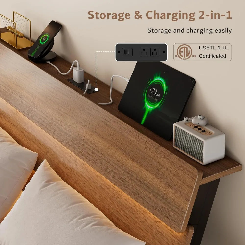 Floating King Size Metal Bed Frame with LED Lights and Storage