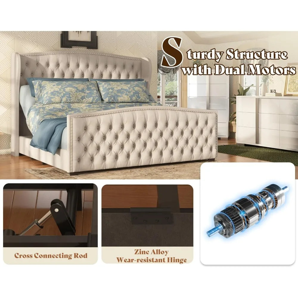 Amerlife King Size Adjustable Bed Frame with Velvet Headboard